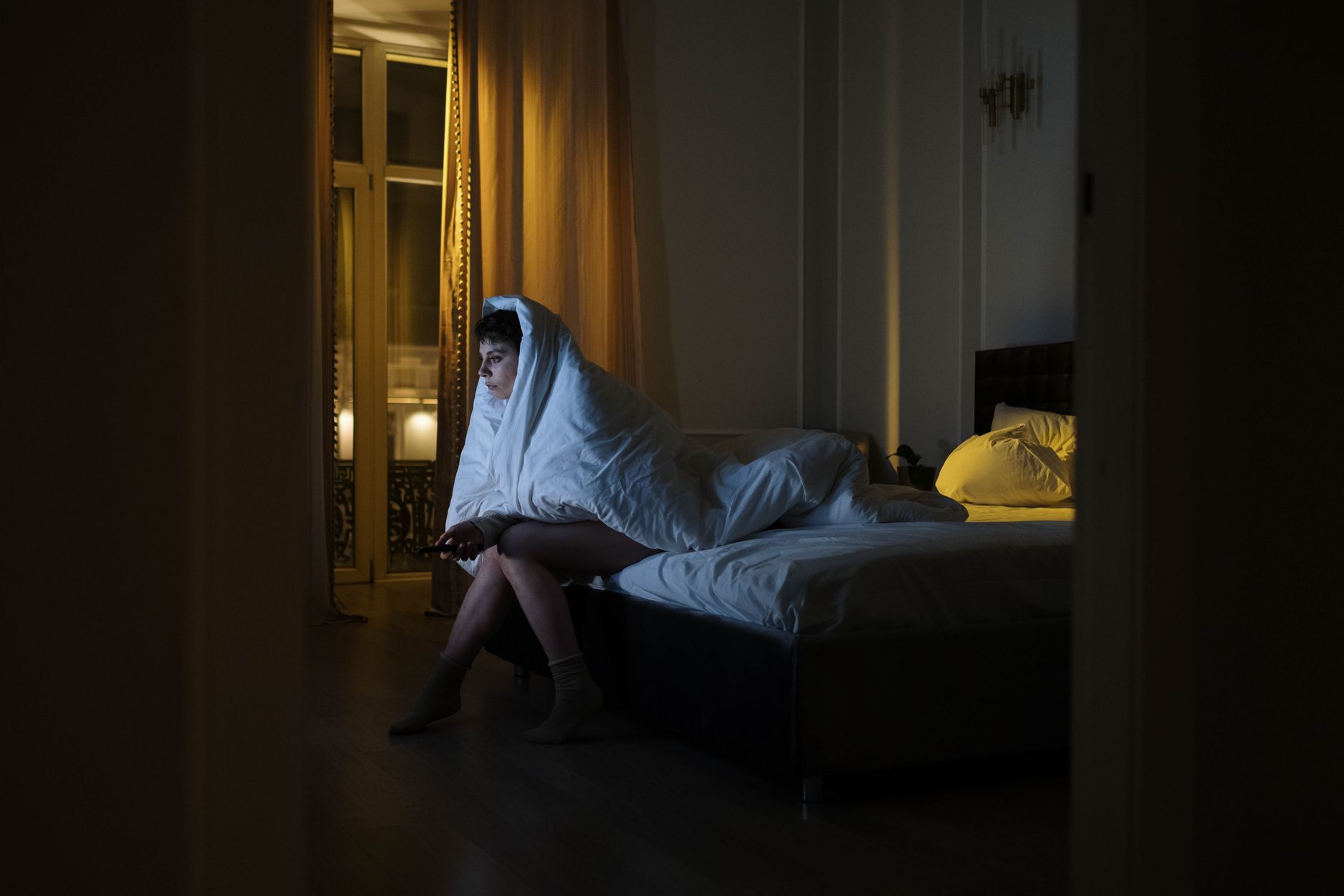 A person awake late at night