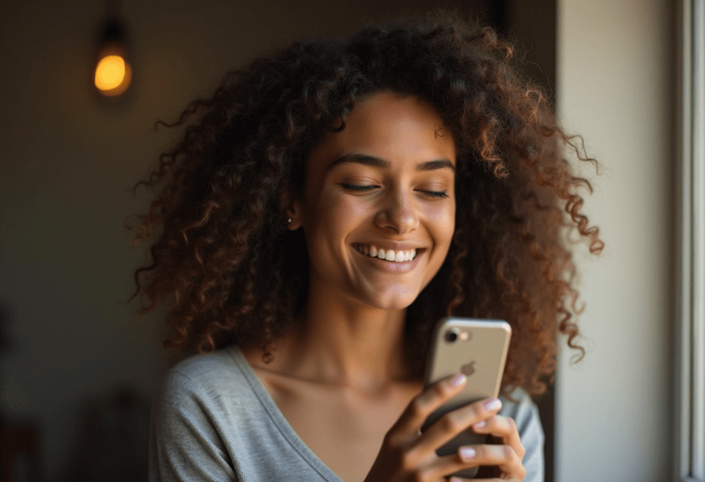 Cette image représente une fille qui est heureuse de recevoir un texto coquin de son partenaire