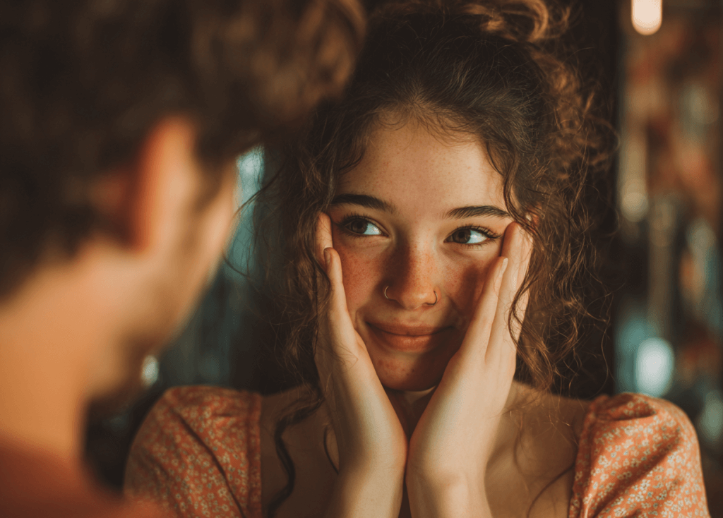 A girlfriend blushing at the compliment her boyfriend gave her