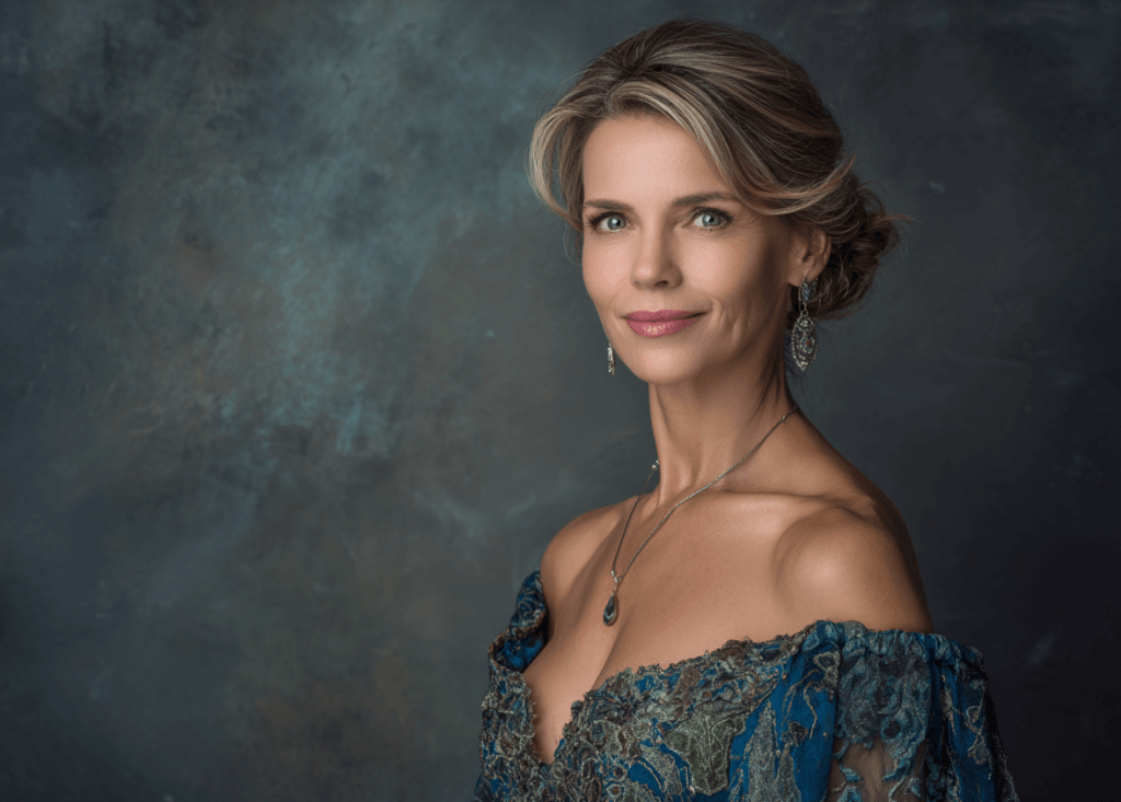 A womanof mesmerizing beauty in a gorgeous dress smiling at the camera with confidence and grace